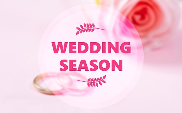 Wedding season text on blur wedding rings and pink rose background