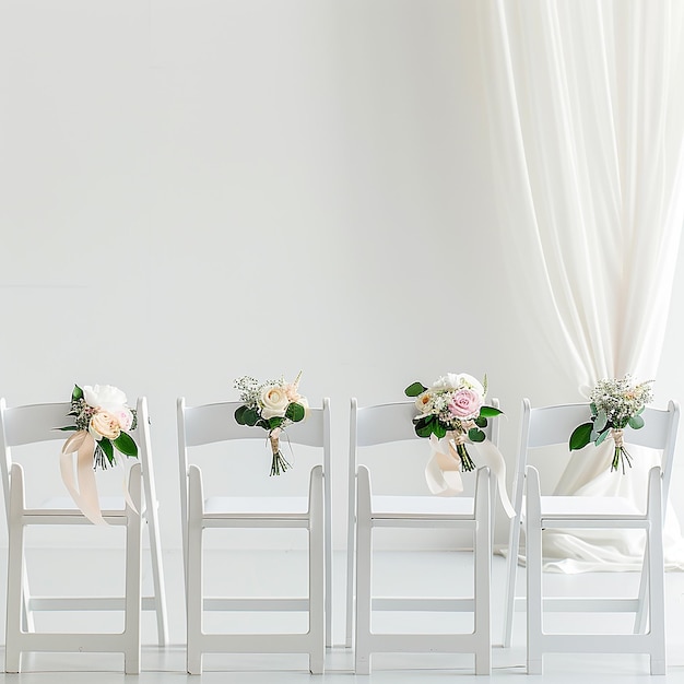 a wedding set of flowers on a white chair