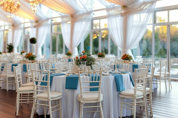 Wedding setup blue covered round tables in a pristine pavilion