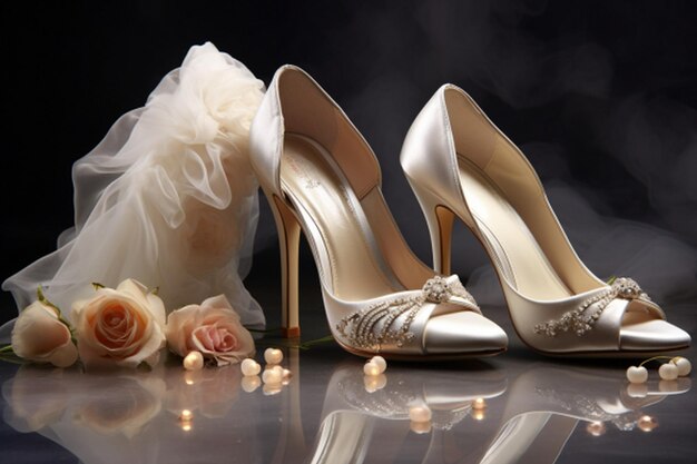 Wedding shoes and bridal veil on a black background