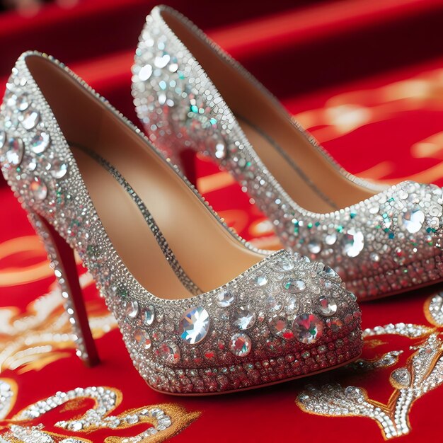 Wedding shoes on a red background with a lot of diamonds