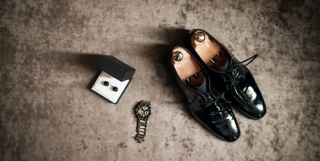 Wedding shoes, watch and cufflinks