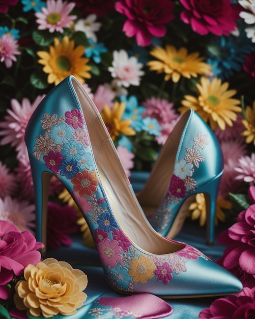 wedding shoes with high heels on a background of flowers ai generative