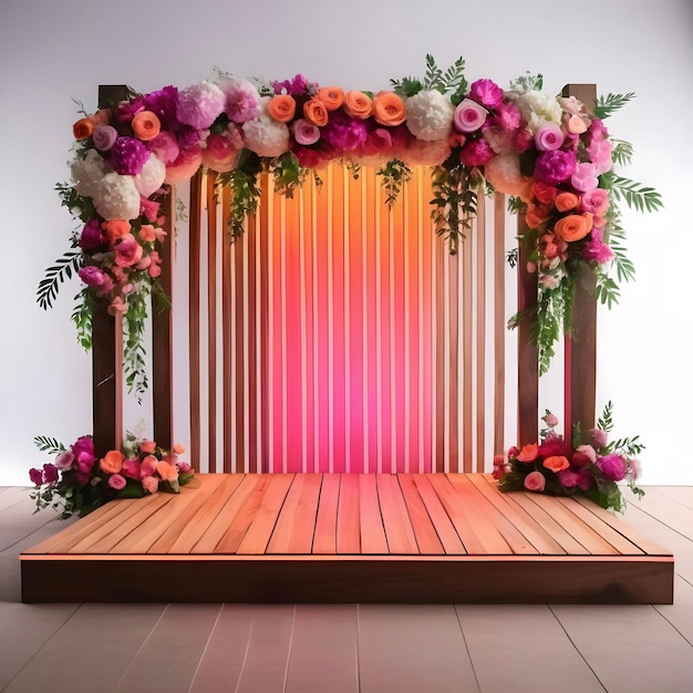 The wedding stage adorned with neon lined and flower decoration is displayed on a wooden stand