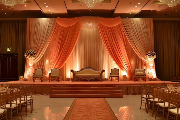 wedding stage with luxurious fabric and lights