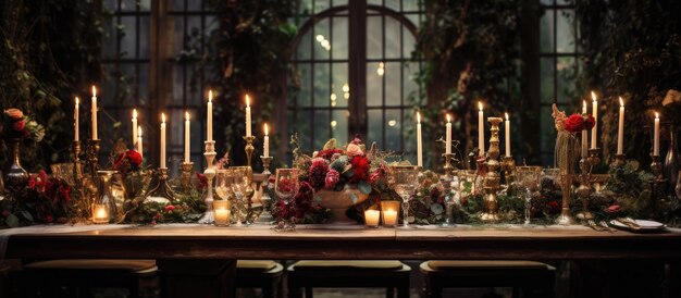 Свадебный стол, украшенный зажженными свечами.