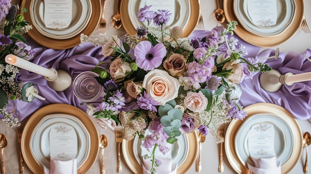 Wedding table decoration with lavender flowers sweets and cake