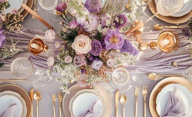 Wedding table decoration with lavender flowers sweets and cake