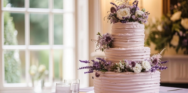 Wedding table decoration with lavender flowers sweets and cake