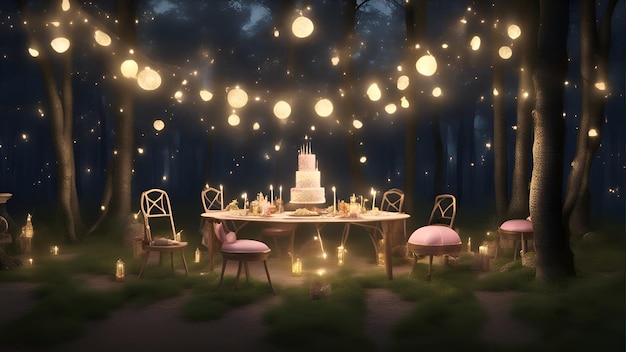 Свадебный стол в лесу ночью 3d рендеринг