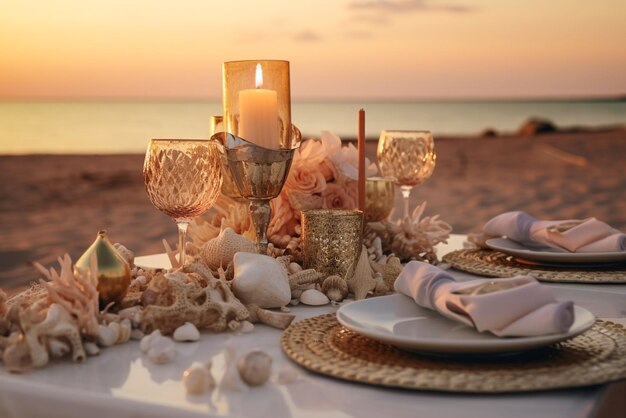 Photo wedding table at ocean beach at sunset generative ai