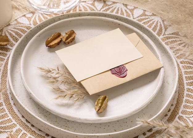 Wedding table place on bohemian placemat with horizontal blank\
card close up. boho wedding card mockup. tropical beige template\
with dried plants, palm leaves and pampas grass