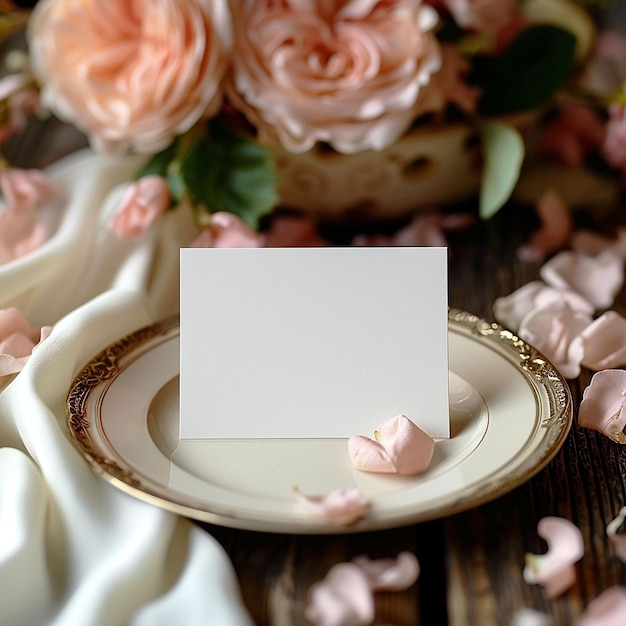 写真 ピンクの花とトップビューの陶器皿のカードを掲げたウェディングテーブル