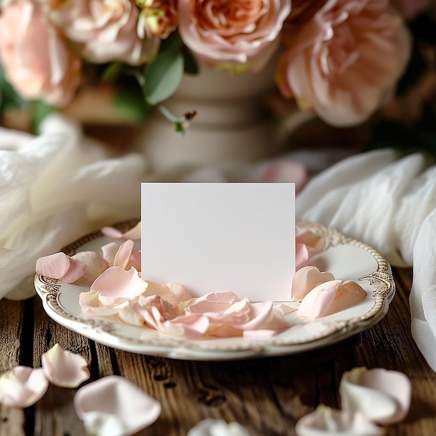 ピンクの花とトップビューの陶器皿のカードを掲げたウェディングテーブル
