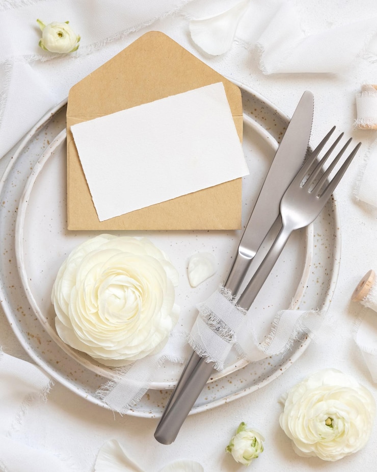 Photo wedding table setting with card and envelope near cream roses and white silk ribbons top view mockup
