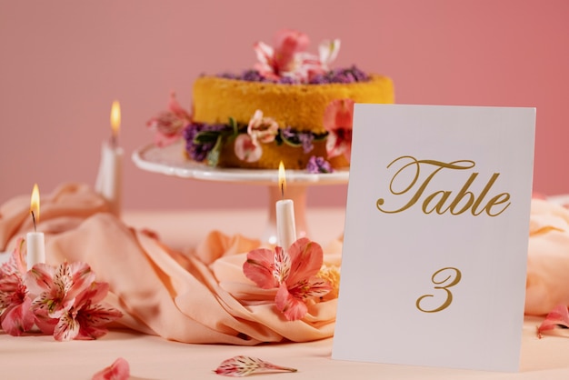 wedding table with delicious cake and card