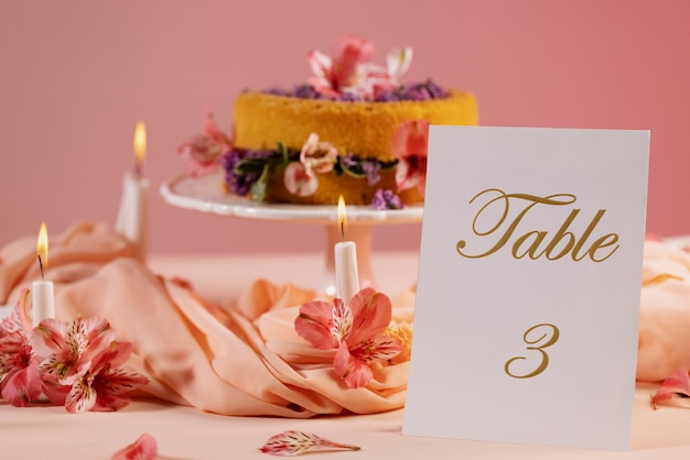 Photo wedding table with delicious cake and card