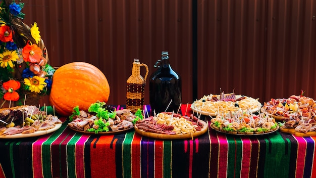 Wedding table with food Snacks appetizer and drink on the table great pumpkin