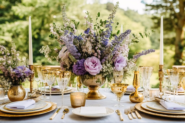 Wedding tablescape elegant formal dinner table setting table scape with lavender decoration for holiday party event celebration generative ai