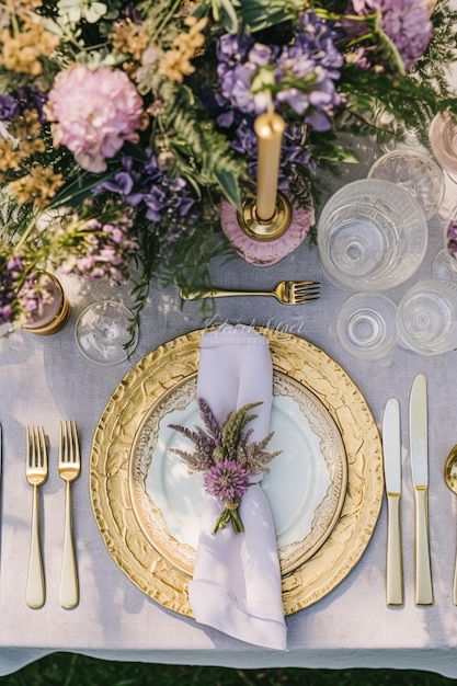 Photo wedding tablescape elegant formal dinner table setting table scape with lavender decoration for holiday party event celebration generative ai