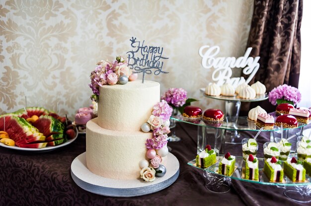 Wedding tasty decorations. Candy bar. Sweet table