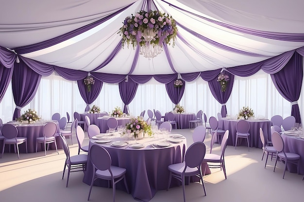 Wedding in a tent decoration of the hall white tablecloths beautiful decor and dishes