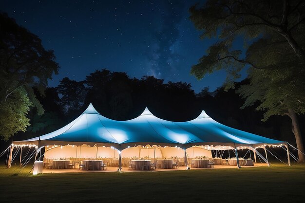 Wedding tent at night Special event tent lit up from the inside with dark blue night time sky and trees