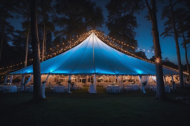 Photo wedding tent at night special event tent lit up from the inside with dark blue night time sky and trees