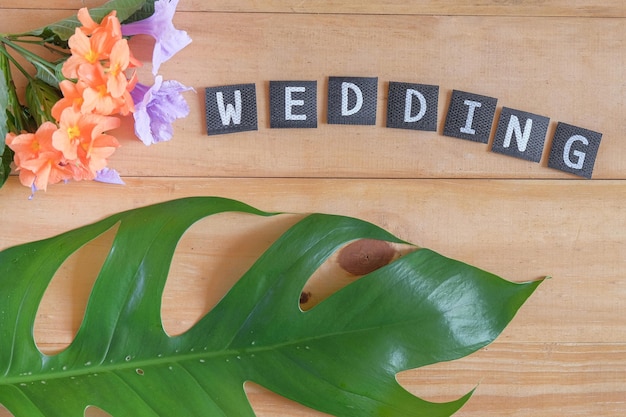 Wedding text on wood table love concept