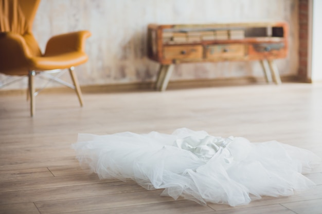 Wedding veil on the floor for newly wed bride