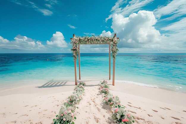 Wedding venue on the beach with wedding arch with flowers