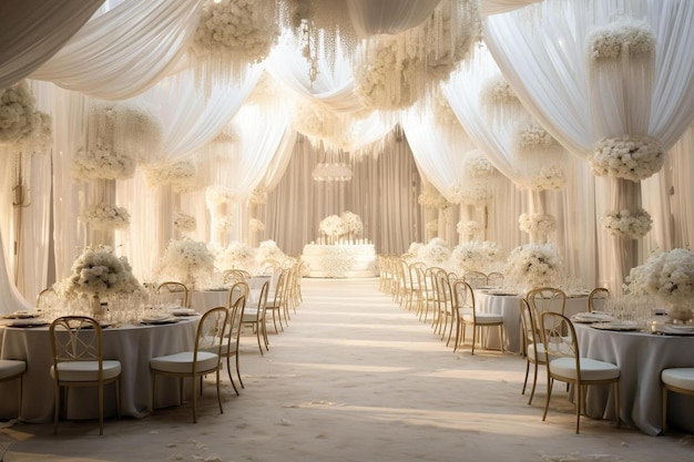 a wedding venue with a canopy and a table with flowers on it