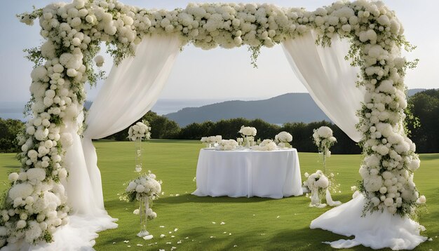 a wedding venue with a table and flowers on it