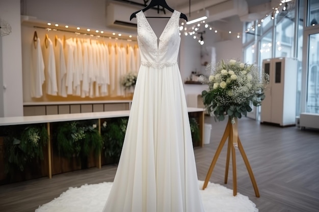花嫁のためのハンガーに白いウェディングドレスの生成ai