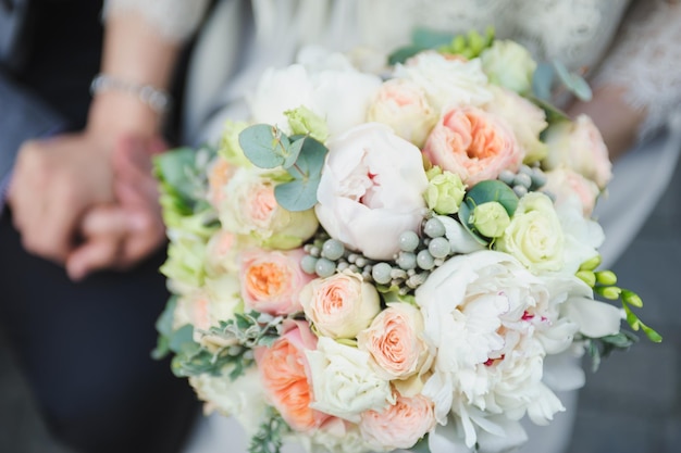 Wedding white peony bouquet background Boho tropical wedding Close up Macro photography