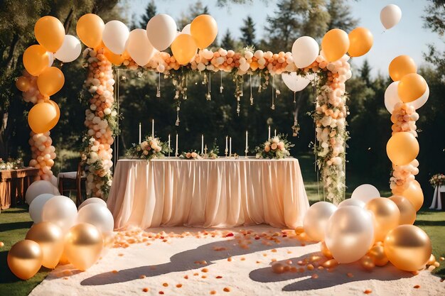 A wedding with balloons and orange and gold balloons
