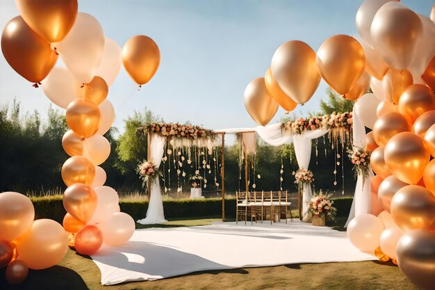 A wedding with balloons and a table with a place for a wedding.