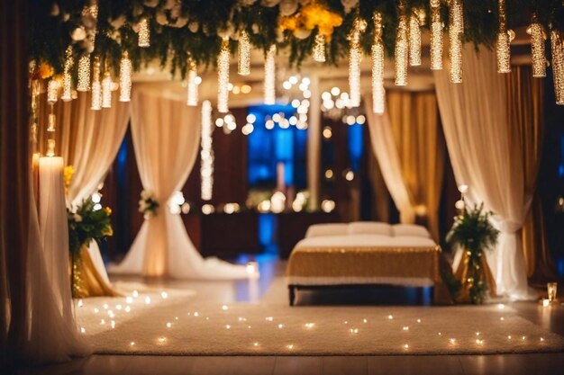 a wedding with a chandelier and a bed with lights around it