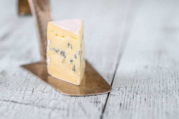 Photo wedge of blue cheese under a rind of white mould