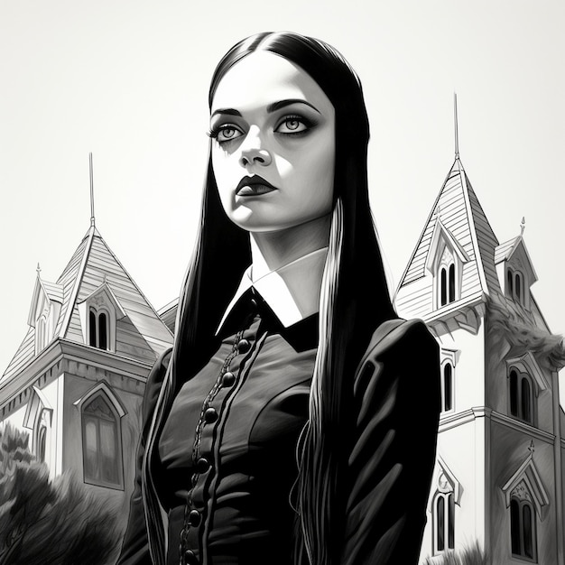 Wednesday addams gray scale drawing black and white