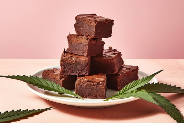 Weed brownies on a plate with pink background