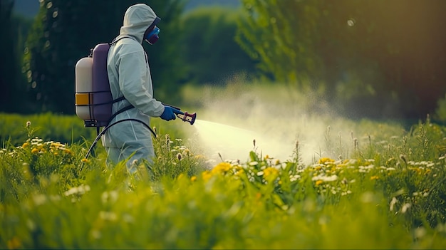 Photo weed control for a healthy garden eradicating weeds with portable sprayer and herbicides a