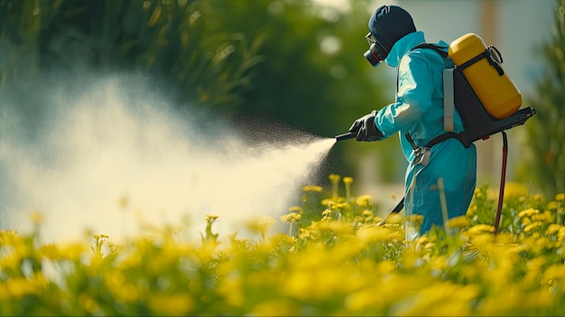 Photo weed control with portable sprayer eradicate garden weeds in lawn by spraying herbicide pesticide