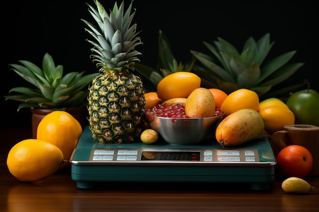 Weegschaal met aan één kant een rijpe gele mango