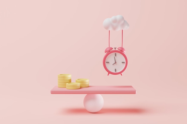 Weegschaal met geld munten en wekker hangen van vliegende wolk op roze Tijd is belangrijker dan geld concept 3d rendering