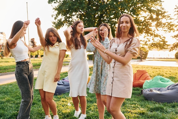 Attività del fine settimana un gruppo di giovani organizza una festa nel parco durante il giorno d'estate