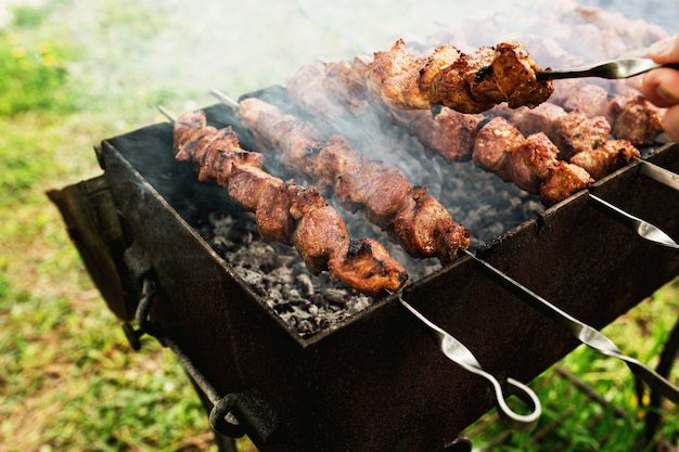 Мероприятия выходного дня с семейной концепцией, вкусный шашлык из свинины на мангале с дымом. Фото высокого качества