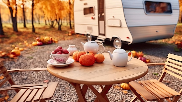 Weekend outdoor camping table with teaset