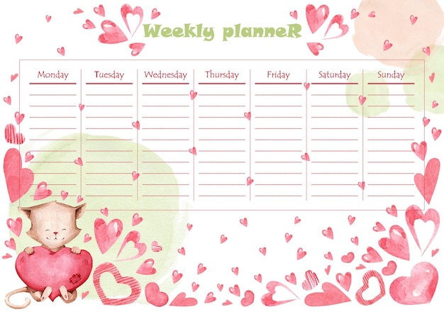 weekly planner with a cat and pink hearts in a watercolor style. suitable for diaries, notebooks, posters.