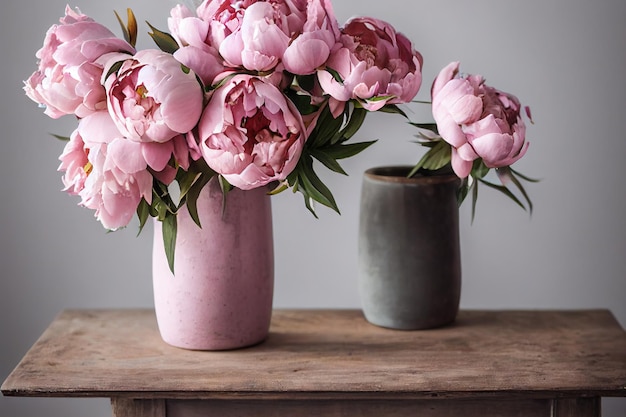 Weelderig boeket roze peon bloem in roze vaas op houten tafel